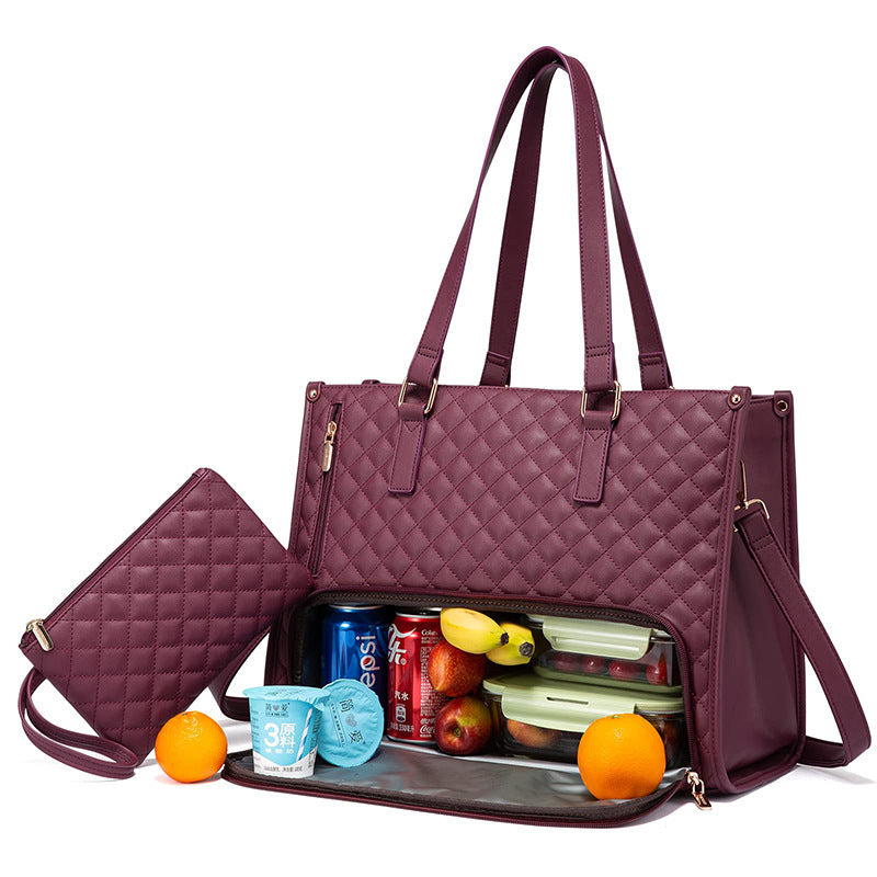 Women's Fashionable Quilted Lunch Tote Bag – Insulated, Leak-Proof, Large Capacity Handbag with Crossbody Strap & Purse