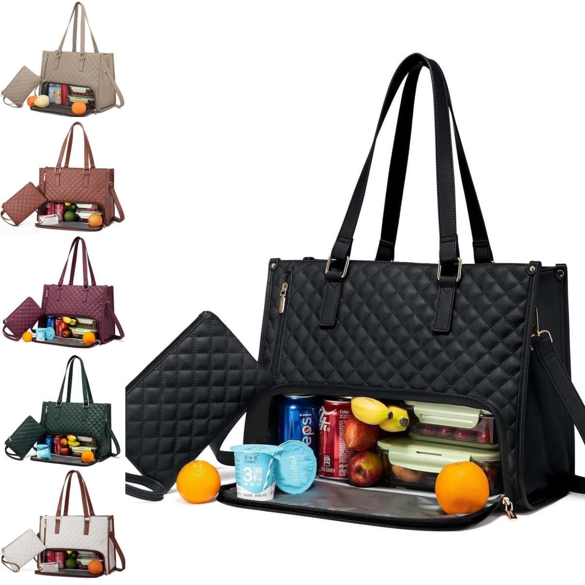 Women's Fashionable Quilted Lunch Tote Bag – Insulated, Leak-Proof, Large Capacity Handbag with Crossbody Strap & Purse