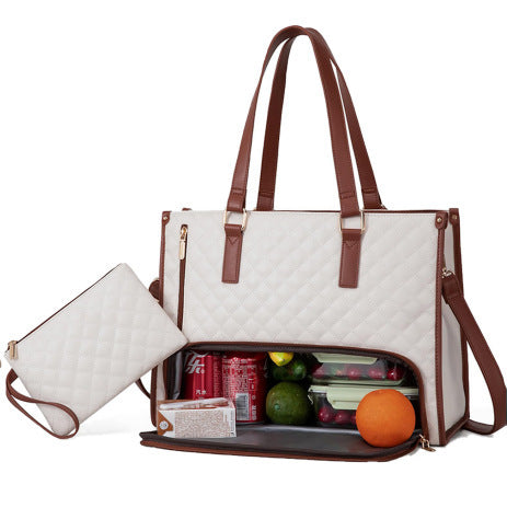 Women's Fashionable Quilted Lunch Tote Bag – Insulated, Leak-Proof, Large Capacity Handbag with Crossbody Strap & Purse