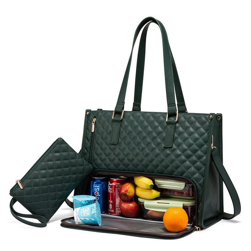 Women's Fashionable Quilted Lunch Tote Bag – Insulated, Leak-Proof, Large Capacity Handbag with Crossbody Strap & Purse