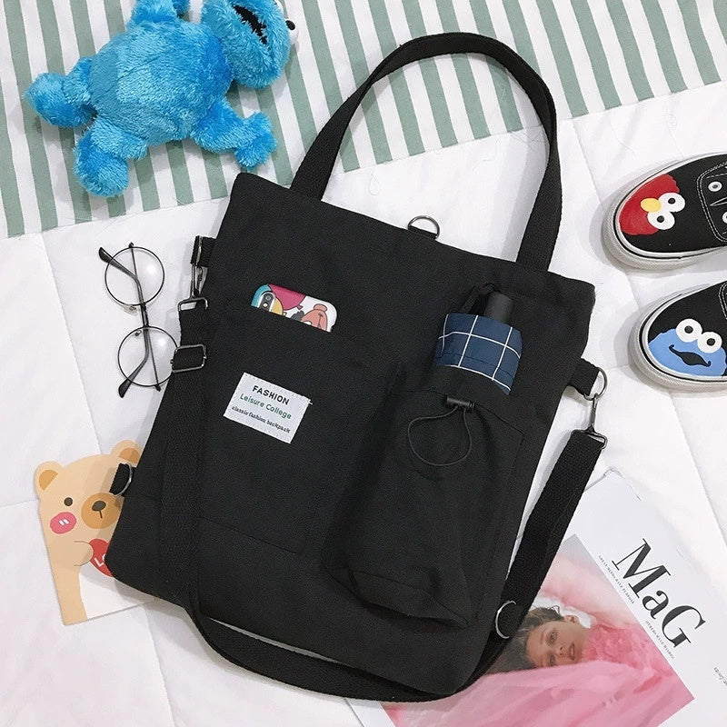 Harajuku Canvas Shoulder Bag for Women – Preppy Student Backpack with Multiple Pockets