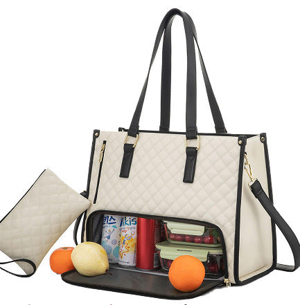 Women's Fashionable Quilted Lunch Tote Bag – Insulated, Leak-Proof, Large Capacity Handbag with Crossbody Strap & Purse