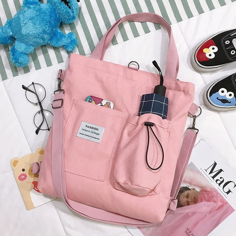 Harajuku Canvas Shoulder Bag for Women – Preppy Student Backpack with Multiple Pockets