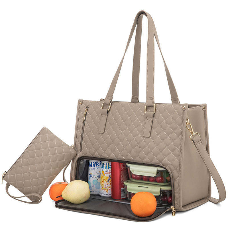 Women's Fashionable Quilted Lunch Tote Bag – Insulated, Leak-Proof, Large Capacity Handbag with Crossbody Strap & Purse