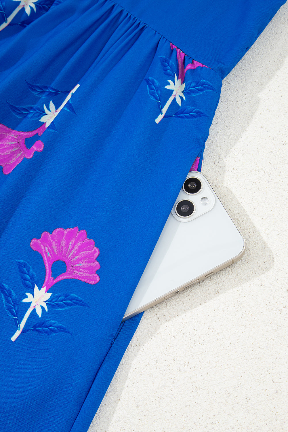 Blue Floral Print Notched Neck Butterfly Sleeve Shift Long Dress