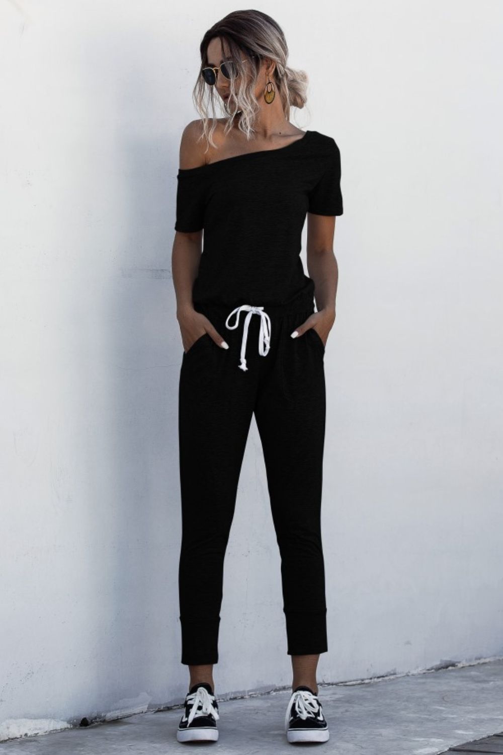 Asymmetrical Neck Tied Jumpsuit with Pockets Black