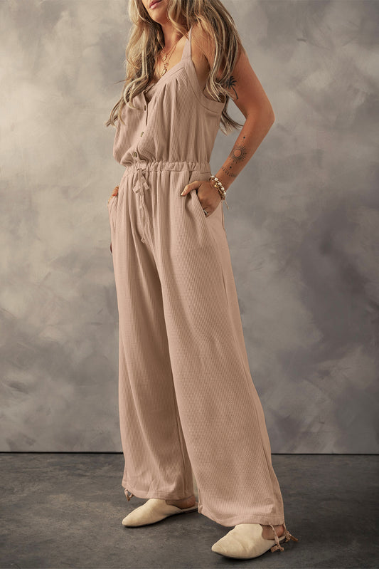 Waffle-Knit Drawstring Wide Strap Jumpsuit Tan