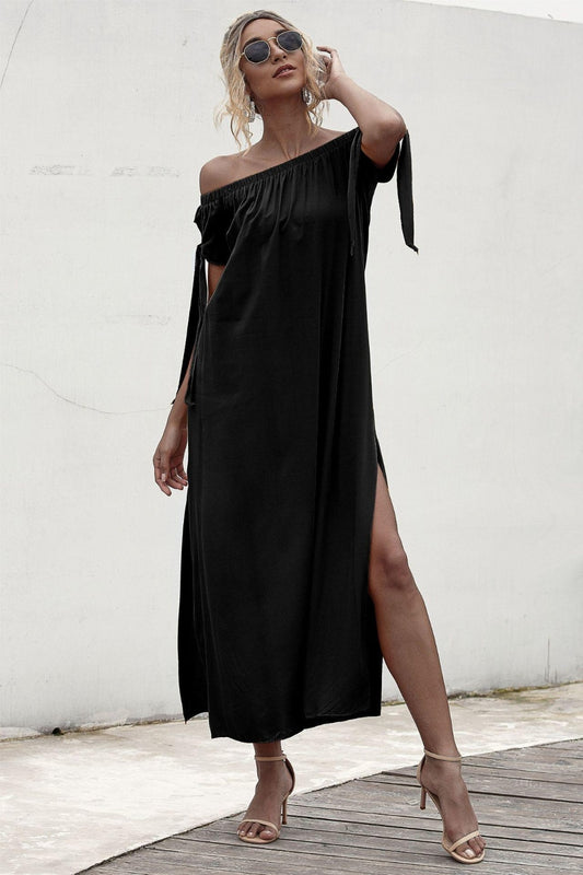 Slit Off Shoulder Short Sleeve Midi Dress Black