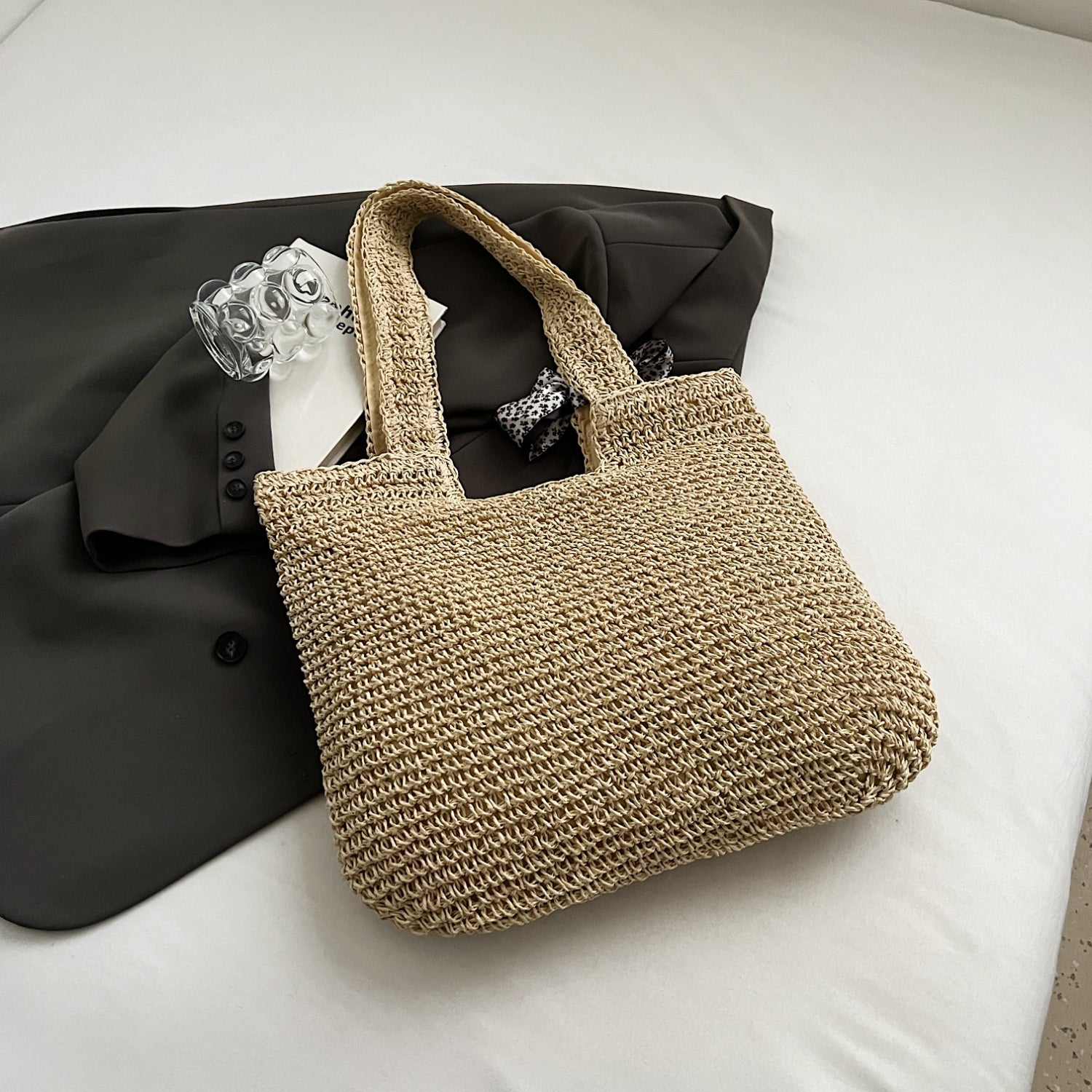 Straw Woven Tote Bag Khaki One Size