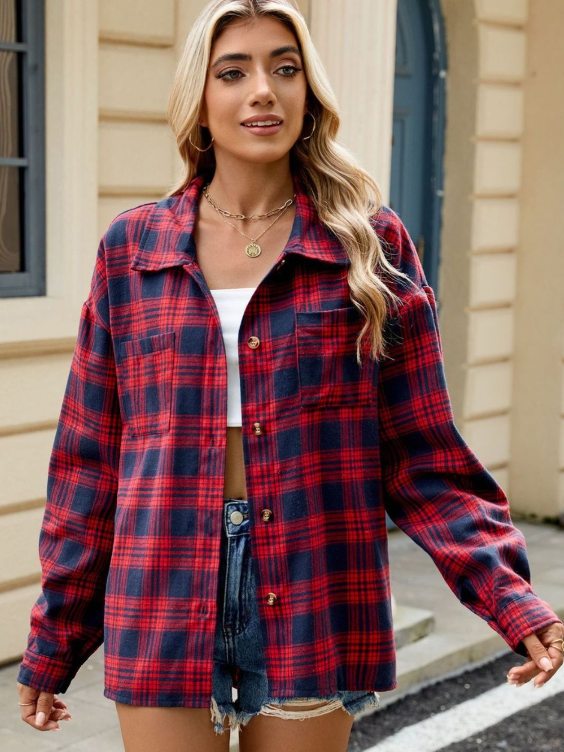 Plaid Collared Neck Long Sleeve Shirt Scarlet