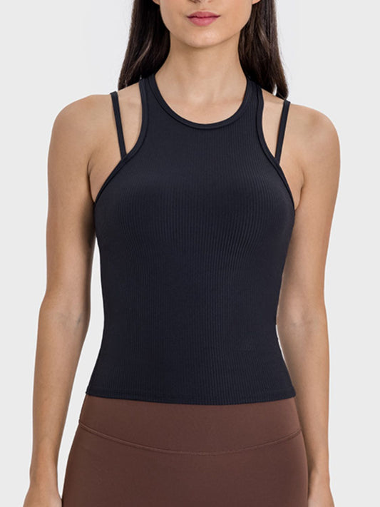 Cutout Round Neck Racerback Active Tank Black