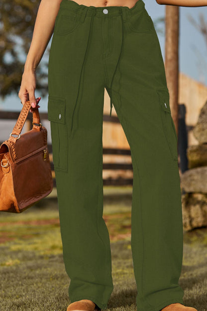 Loose Fit Drawstring Jeans with Pocket Army Green