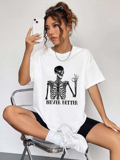 Round Neck Short Sleeve Never Better Graphic T-Shirt White