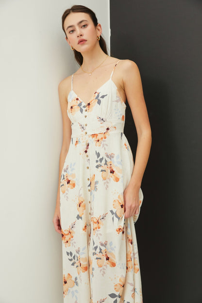 Be Cool Floral Button Down Cami Midi Dress PEACH HIBISCUS