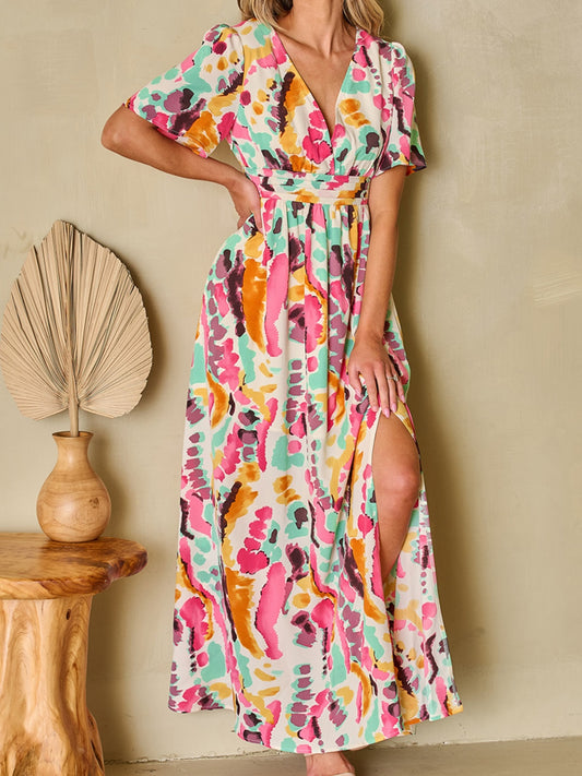 Slit Printed Surplice Short Sleeve Maxi Dress Multicolor