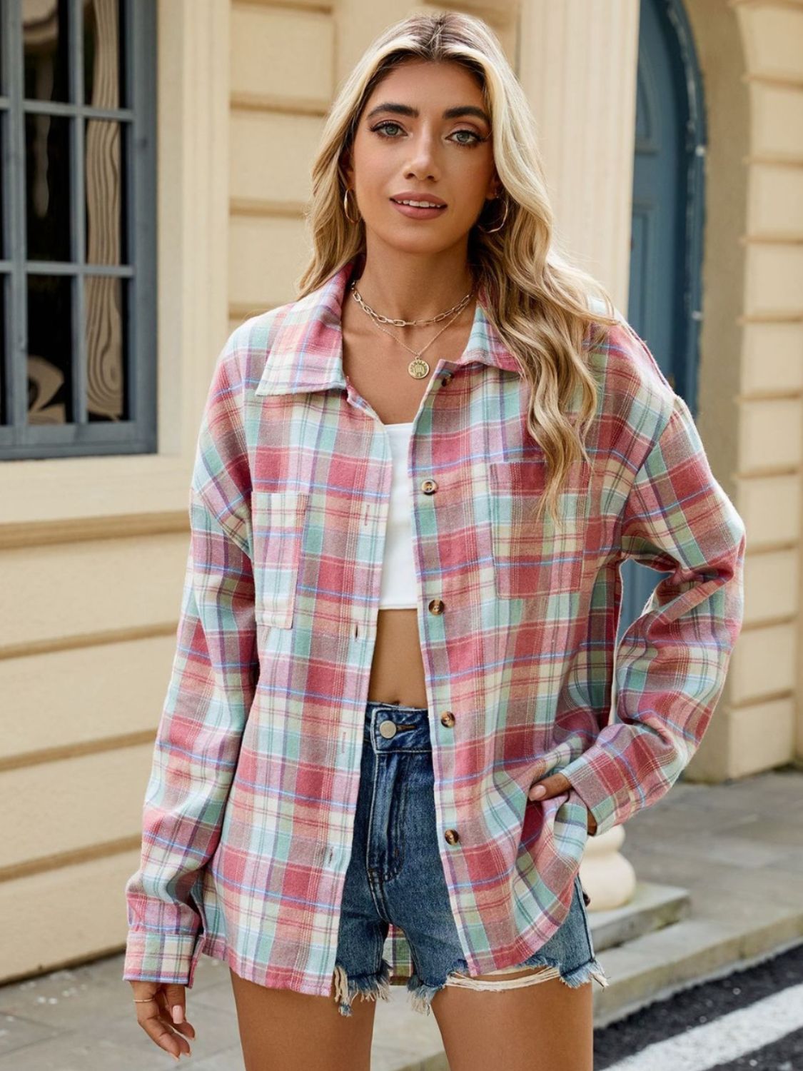 Plaid Collared Neck Long Sleeve Shirt Burnt Coral