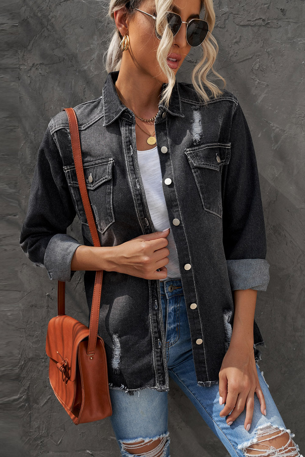 Distressed Button Up Raw Hem Denim Jacket Black