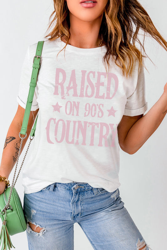 RAISED ON 90'S COUNTRY Graphic Round Neck Tee White