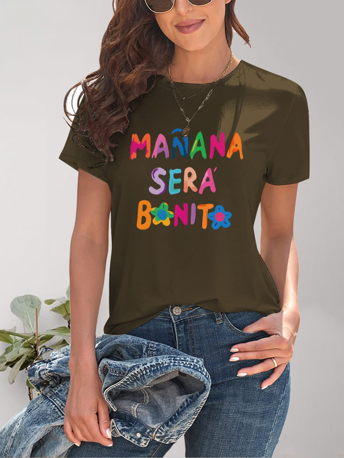 Letter Graphic Round Neck Short Sleeve T-Shirt Army Green