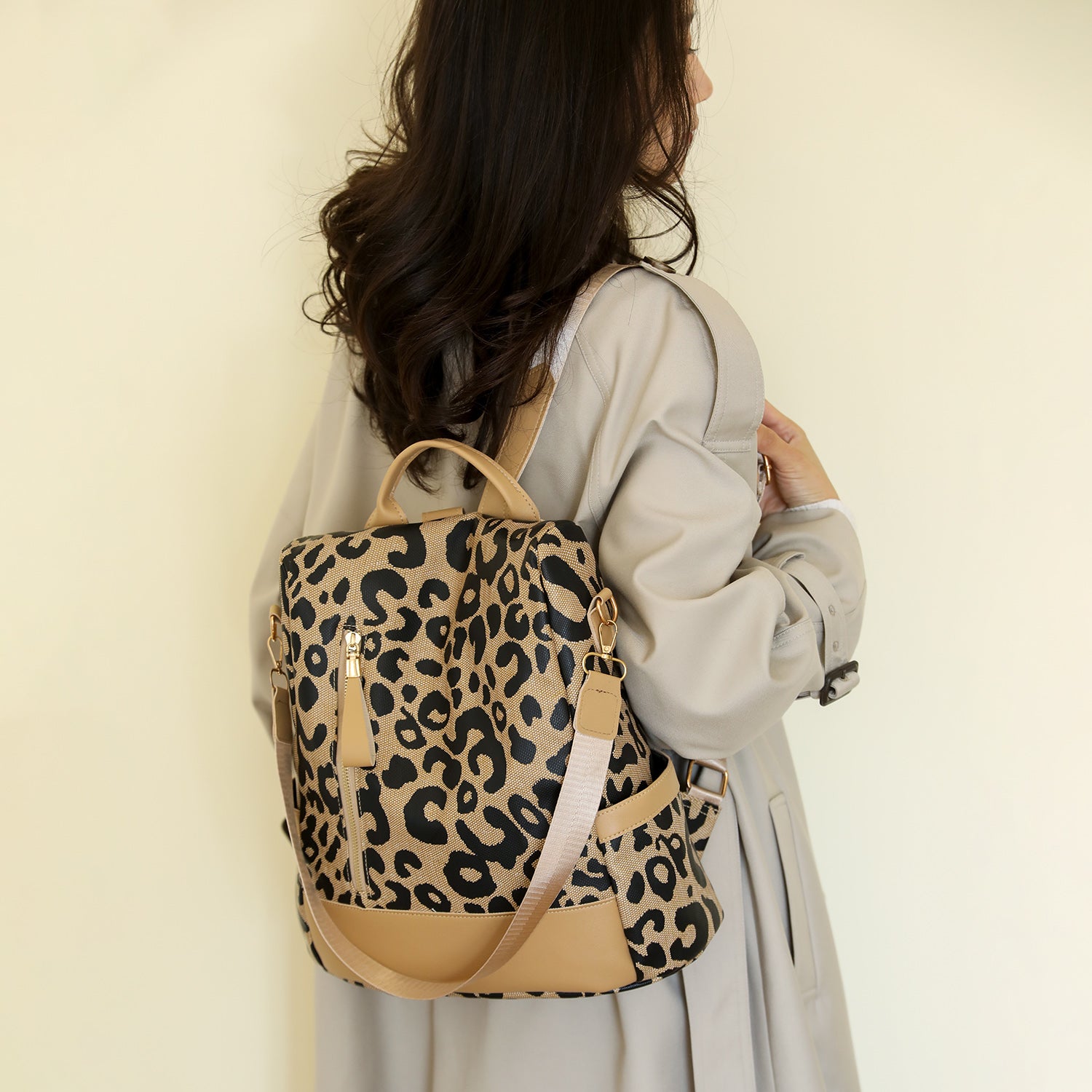 Leopard PU Leather Backpack Bag Camel One Size