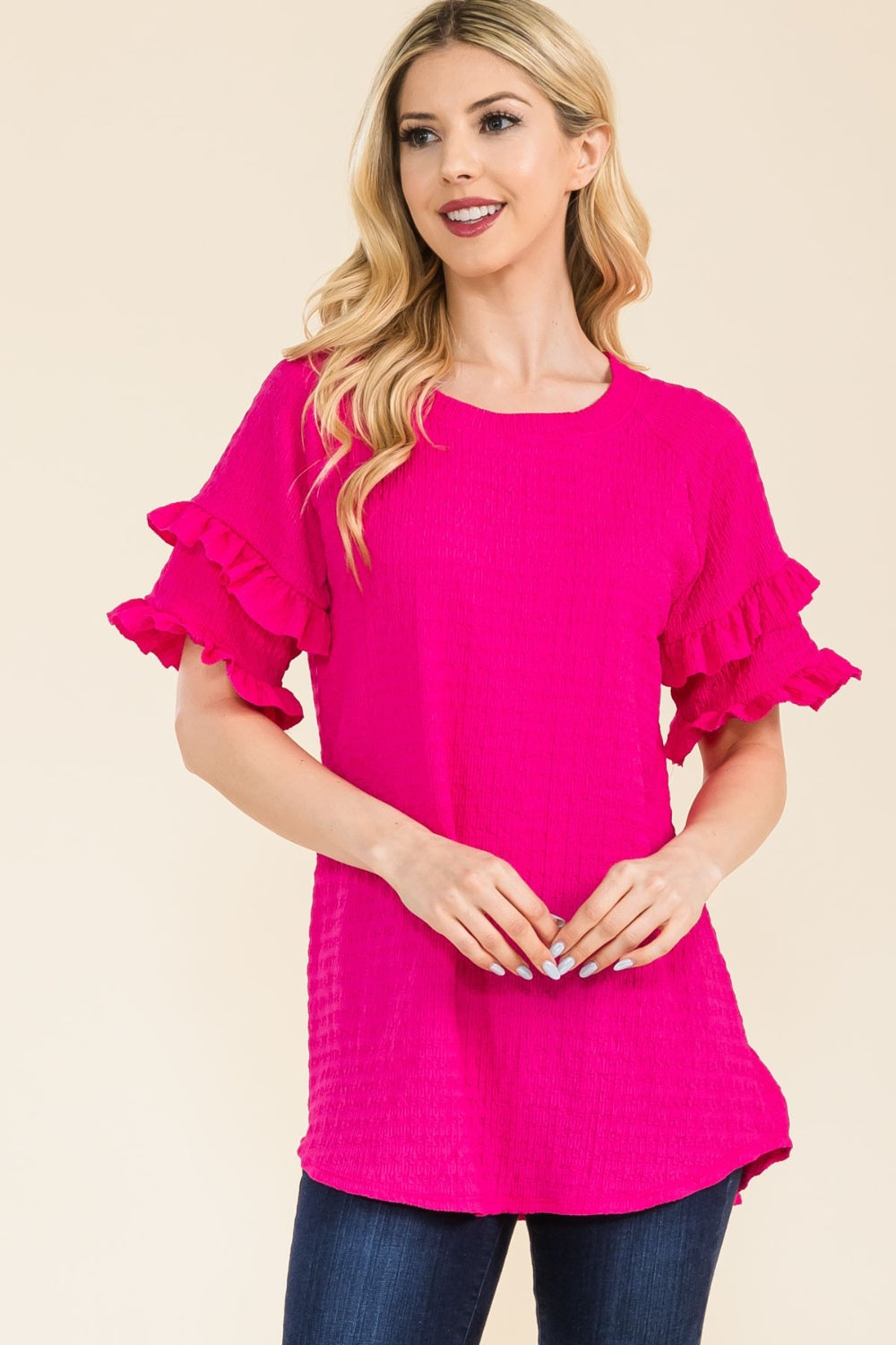 Celeste Full Size Ruffle Short Sleeve Texture Top Fuchsia