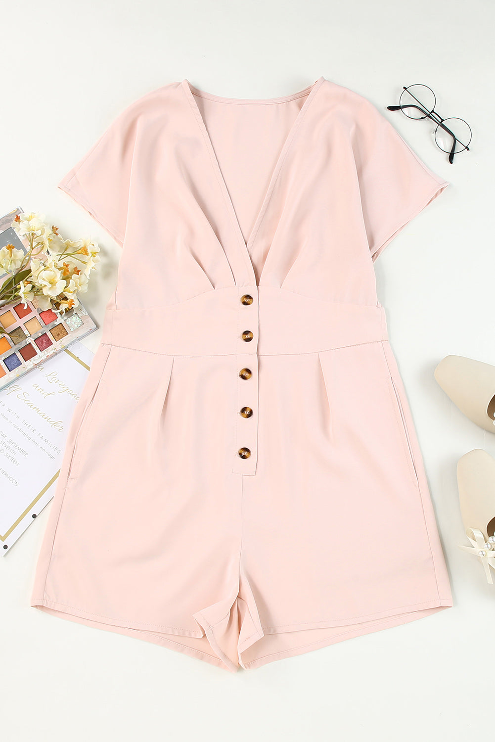 Buttoned V-Neck Short Sleeve Romper Peach