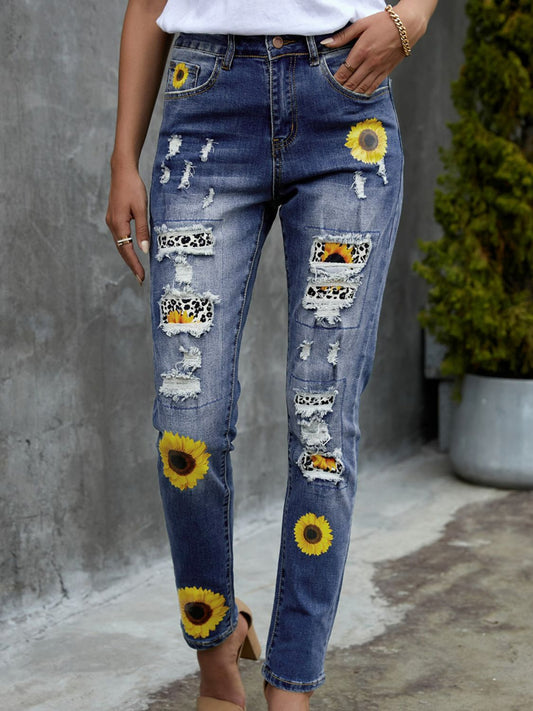 Leopard Patchwork Sunflower Print Distressed High Waist Jeans Sky Blue