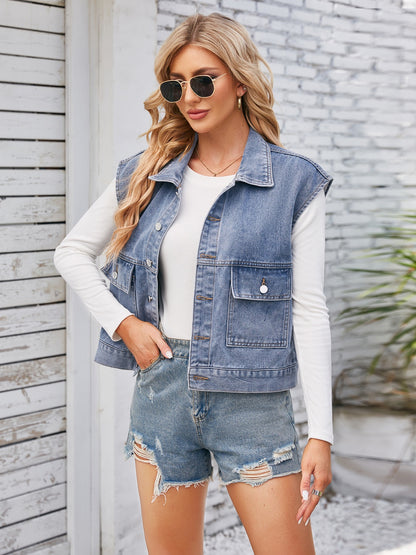 Cap Sleeve Denim Jacket with Pockets Dusty Blue