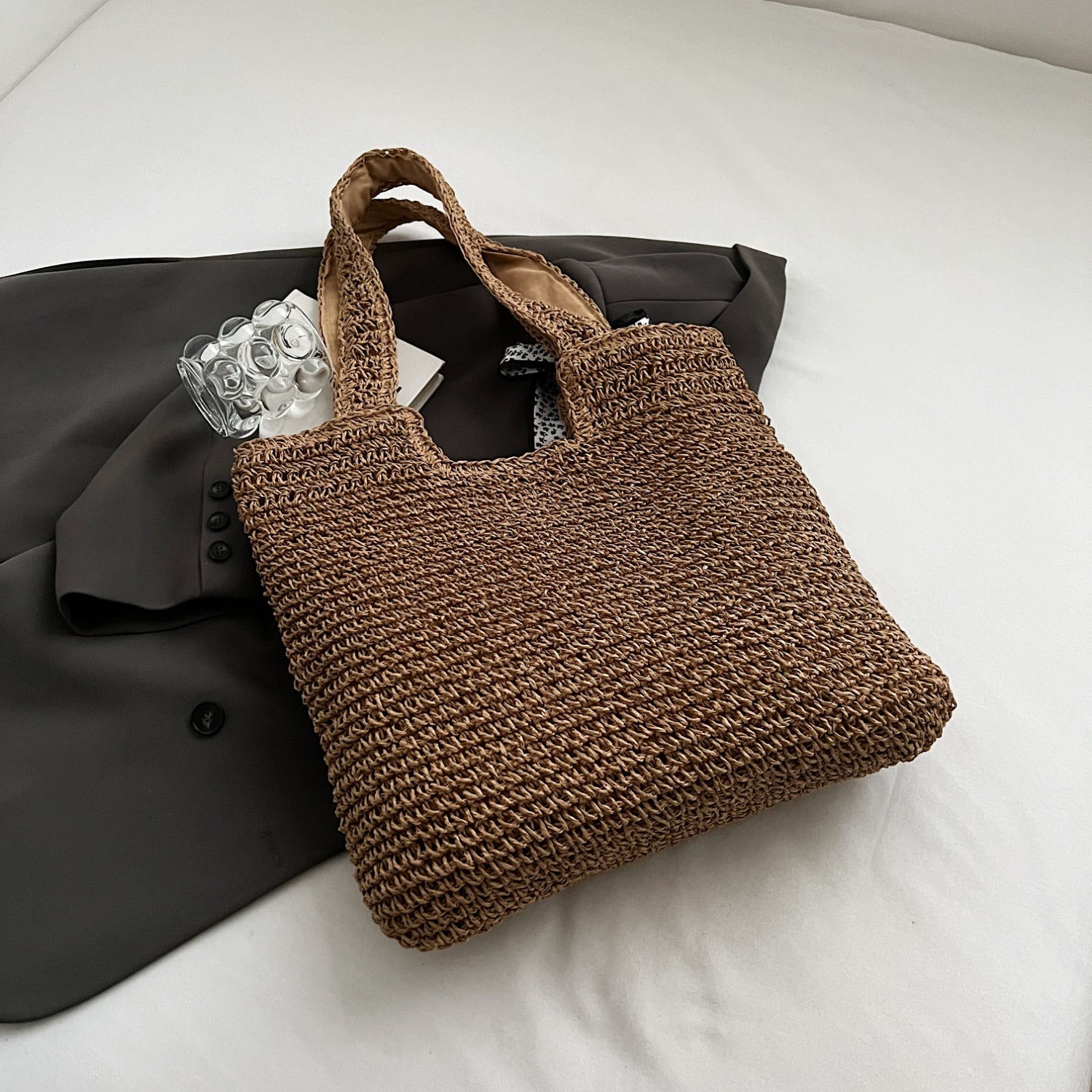 Straw Woven Tote Bag Coffee Brown One Size