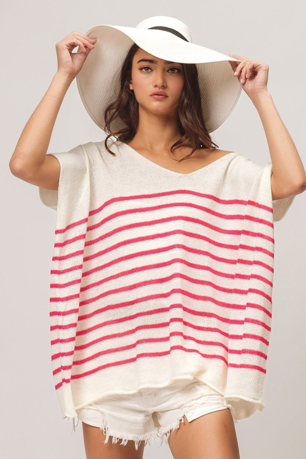 BiBi V Neck Striped Short Sleeve Top Fuchsia