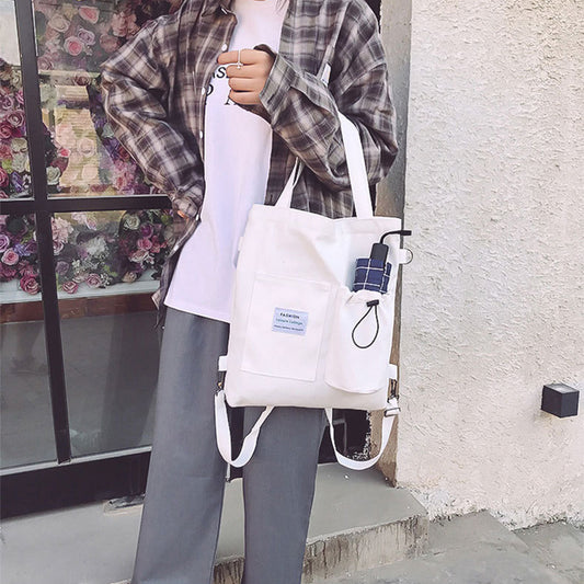 Harajuku Canvas Shoulder Bag for Women – Preppy Student Backpack with Multiple Pockets