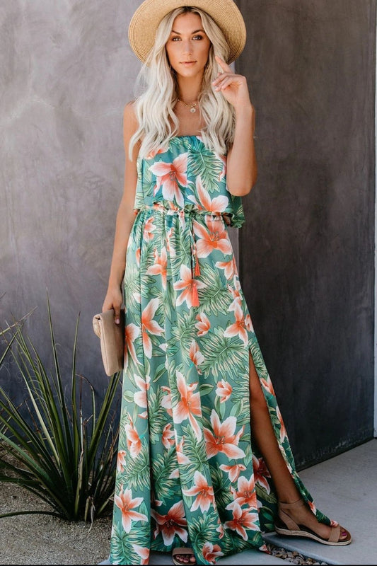 Slit Tropical Sleeveless Tube Dress Floral