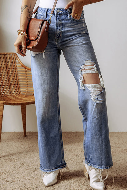 Distressed Straight Leg Jeans with Pockets Medium