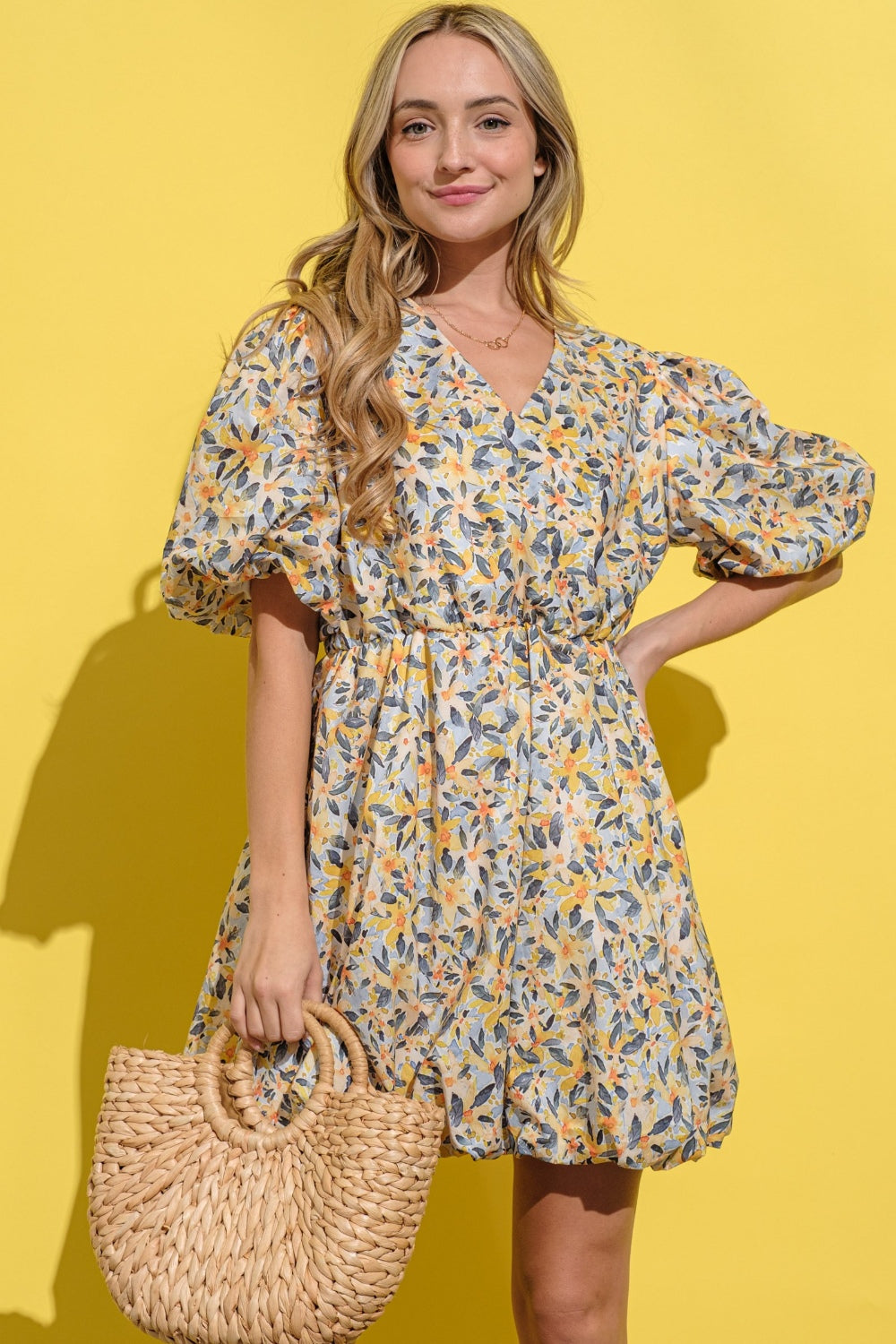 And The Why Full Size Floral Surplice Puff Sleeve Dress