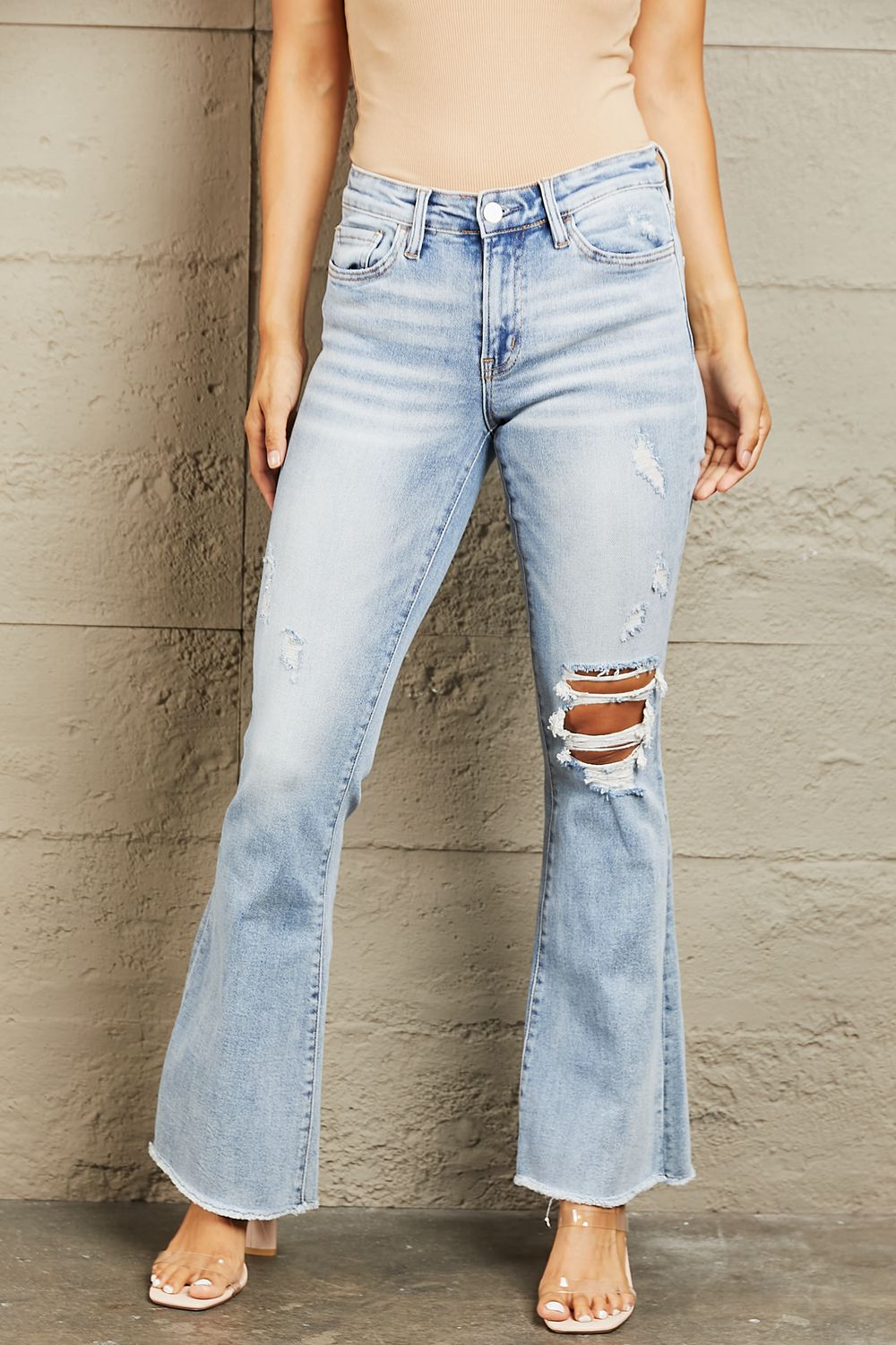 BAYEAS Mid Rise Distressed Flare Jeans Light