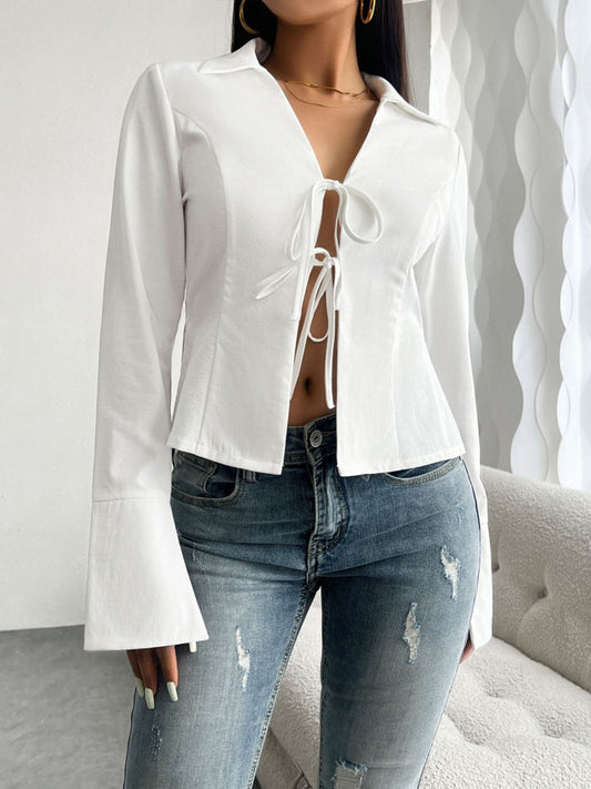 Devine Slit Tied Collared Neck Long Sleeve Blouse White