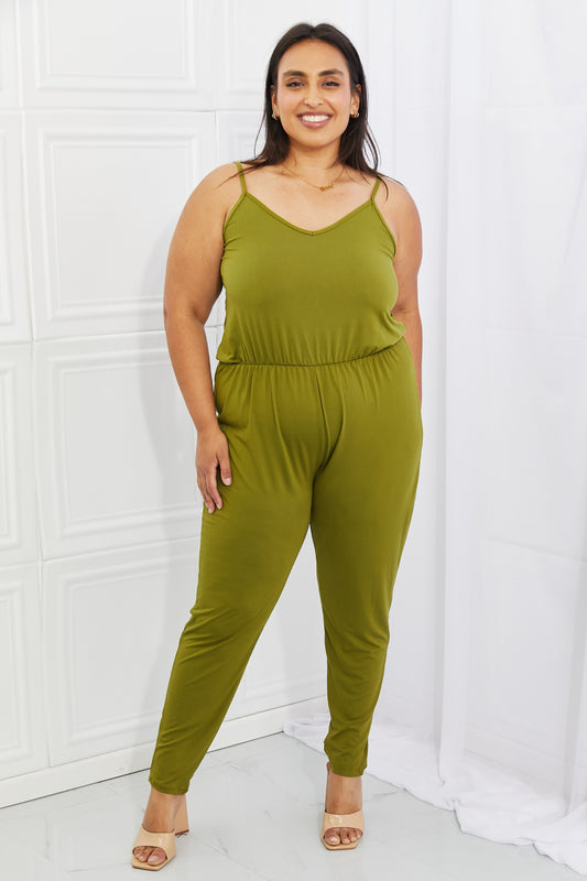 Capella Comfy Casual Full Size Solid Elastic Waistband Jumpsuit in Chartreuse Yellow-Green