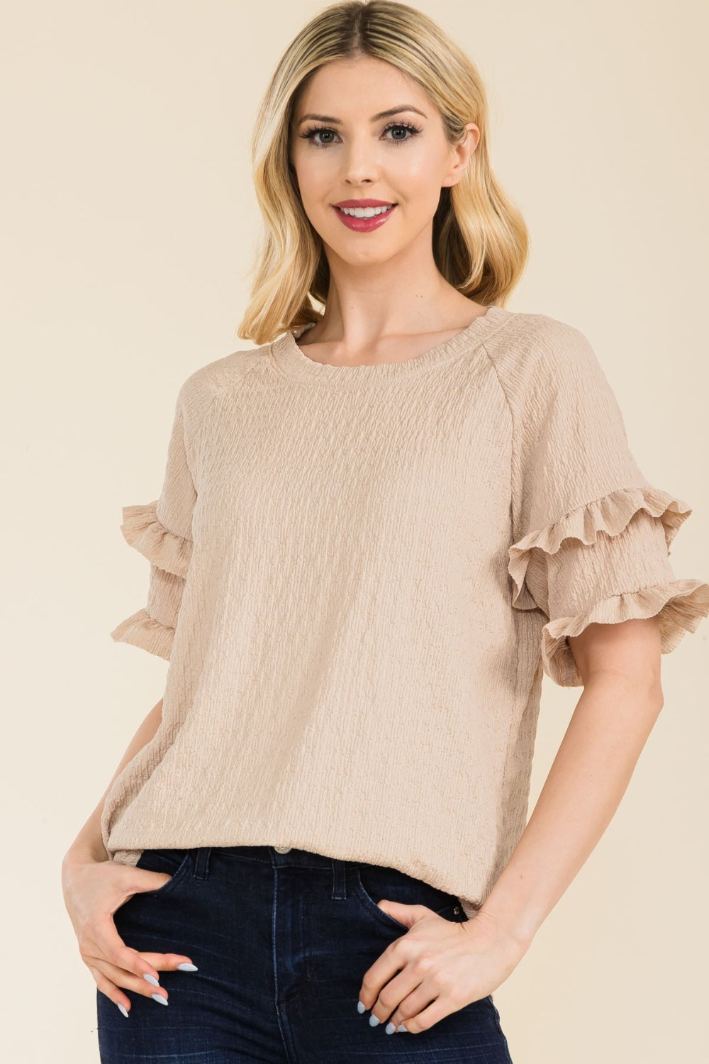 Celeste Full Size Ruffle Short Sleeve Texture Top Beige