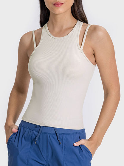 Cutout Round Neck Racerback Active Tank Beige