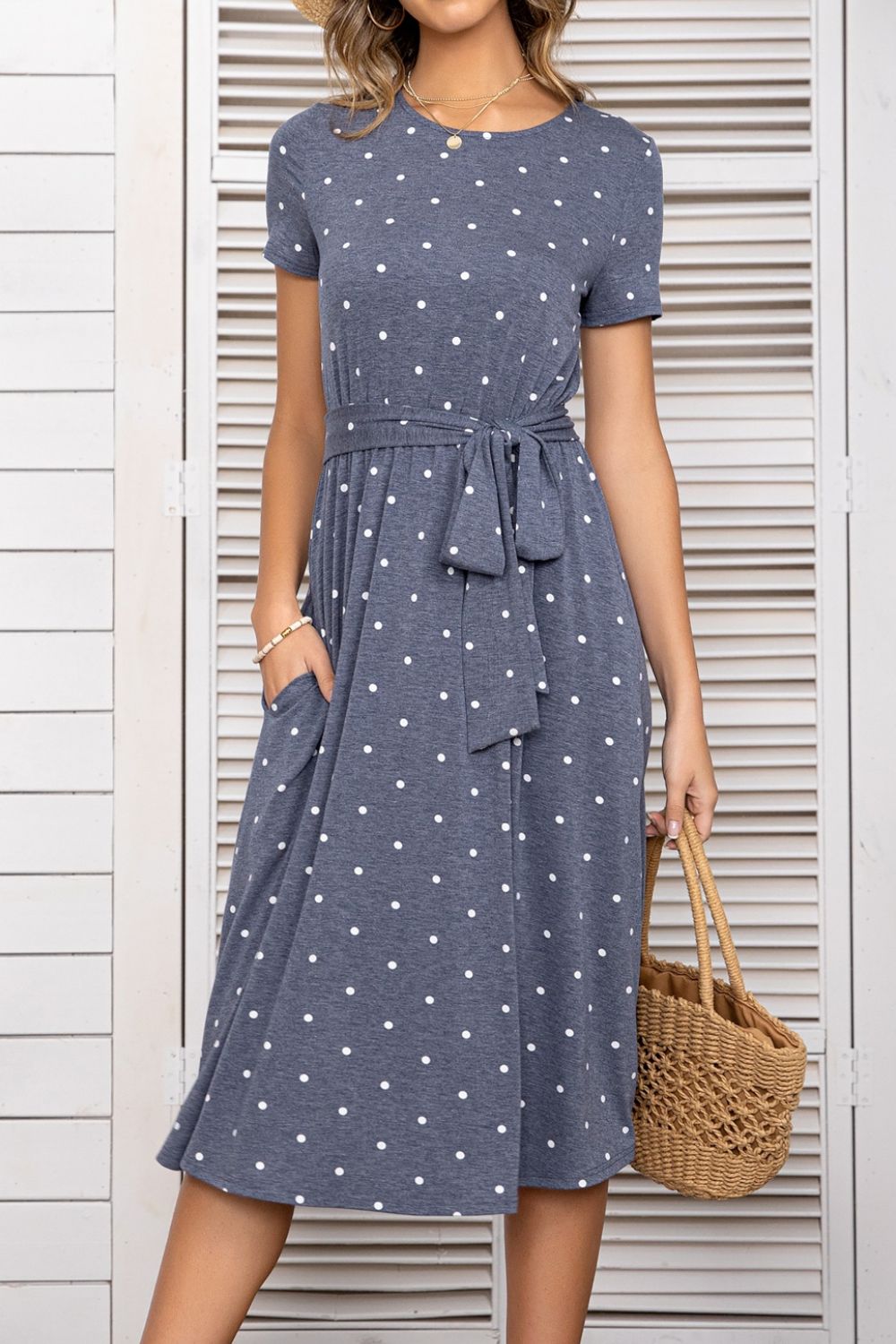 Belted Tee Dress With Pockets Misty Blue