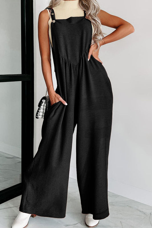 Buttoned Wide Leg Overalls Black