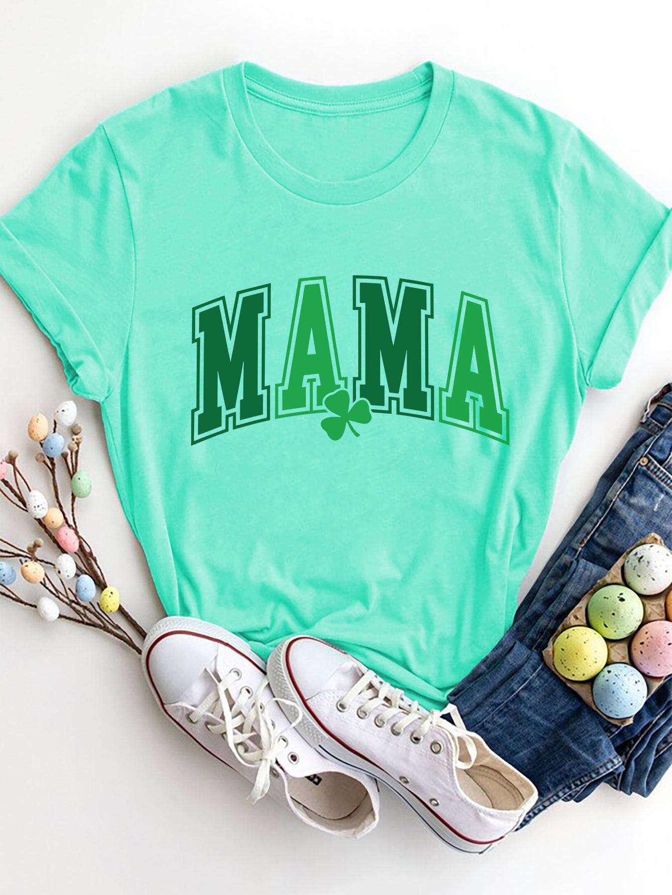 MAMA Round Neck Short Sleeve T-Shirt Aqua