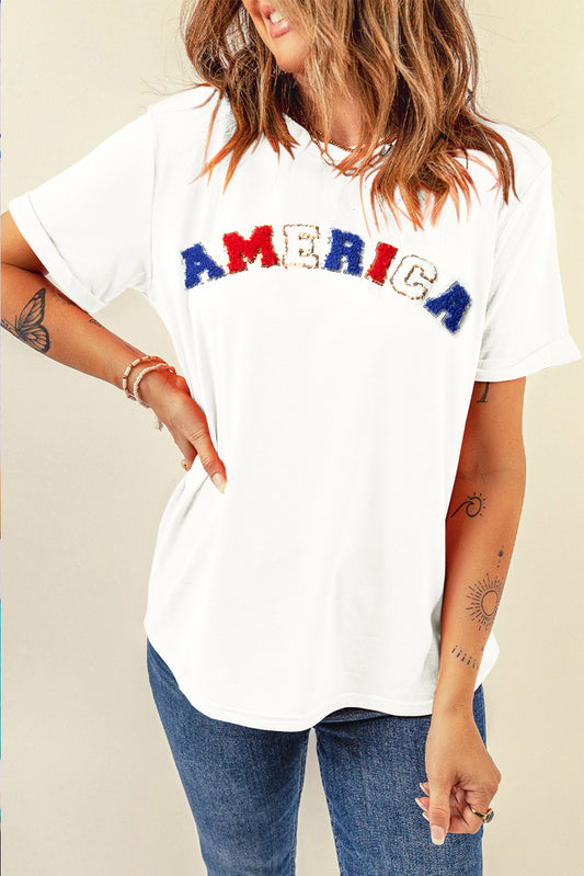 AMERICA Round Neck Short Sleeve T-Shirt White