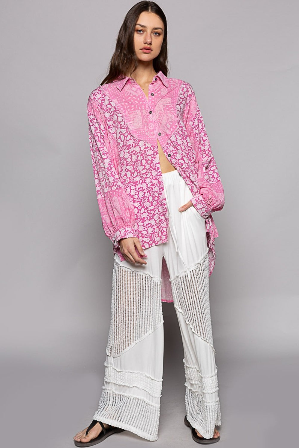 POL Button Down Long Sleeve Paisley Print Shirt