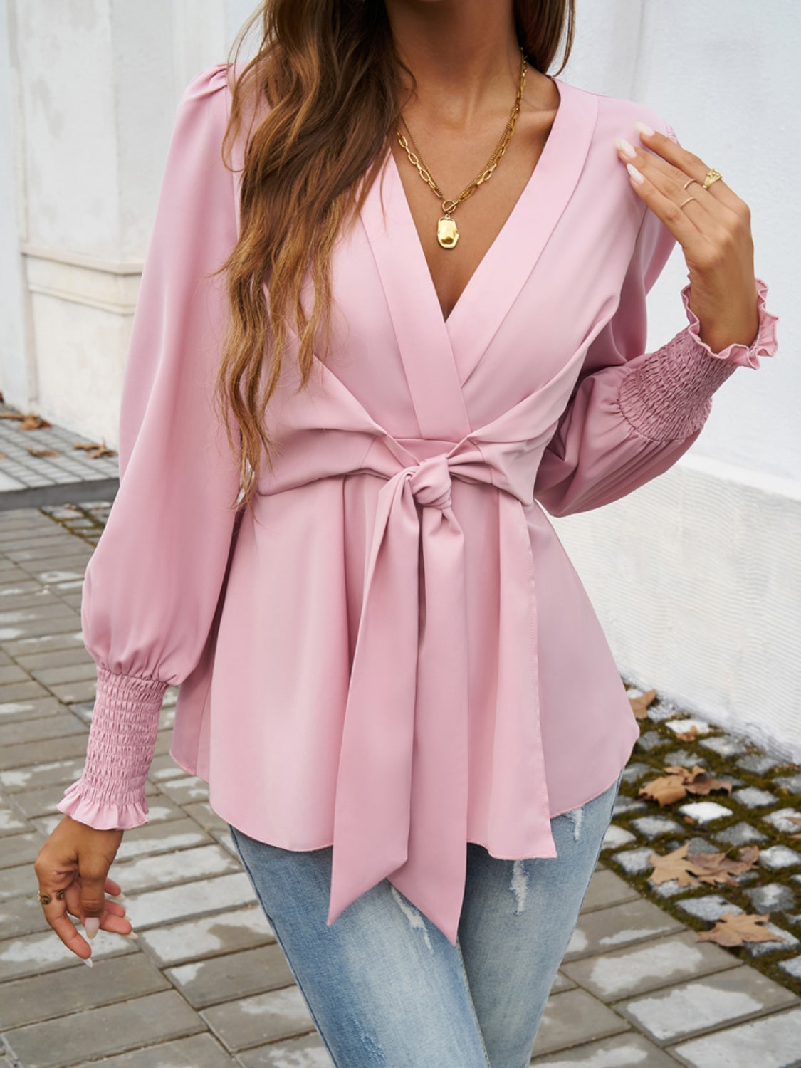 Devine Smocked Surplice Long Sleeve Blouse Dusty Pink