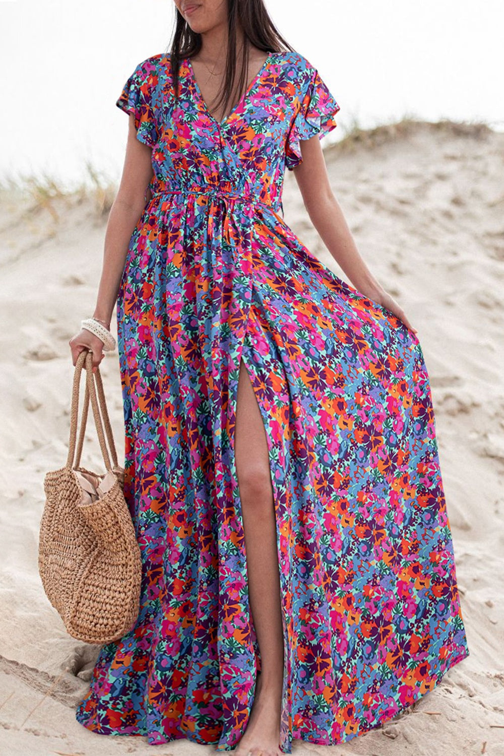 Slit Printed Cap Sleeve Maxi Dress Floral