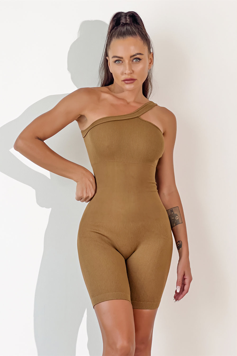 Asymmetrical Neck Wide Strap Active Romper Camel