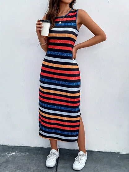 Slit Printed Round Neck Sleeveless Dress Orange-Red