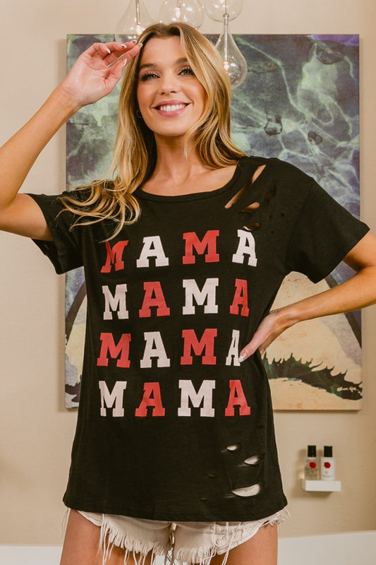 BiBi MAMA Graphic Distressed Short Sleeve T-Shirt Black