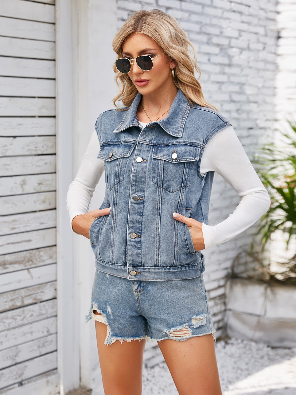 Button Up Cap Sleeve Denim Jacket Dusty Blue